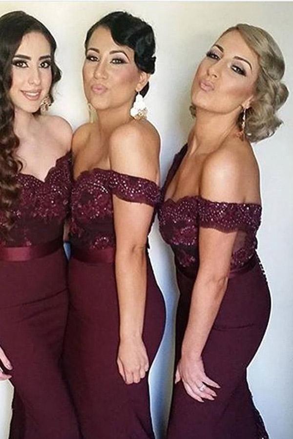 Mermaid Off-the-Shoulder Sweep Train Navy Blue Bridesmaid/Prom Dress PG406 - Pgmdress