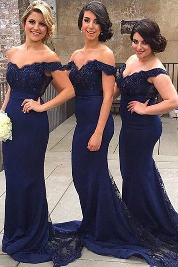 Mermaid Off-the-Shoulder Sweep Train Navy Blue Bridesmaid/Prom Dress PG406 - Pgmdress