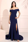 Mermaid Off-the-Shoulder Sweep Train Split-Side Satin Prom Dress PG603 - Pgmdress