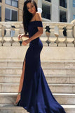 Sirène Off-the-Shoulder Sweep Train Split-Side Satin Prom Dress PG603