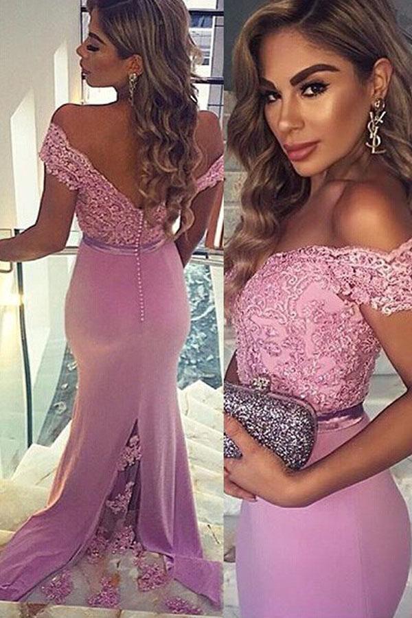 Mermaid Off-the-Shoulder Train Satin Prom Dress with Appliques Lace PG407 - Pgmdress