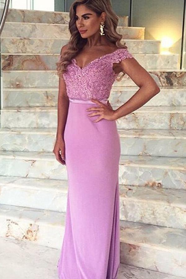 Mermaid Off-the-Shoulder Train Satin Prom Dress with Appliques Lace PG407 - Pgmdress
