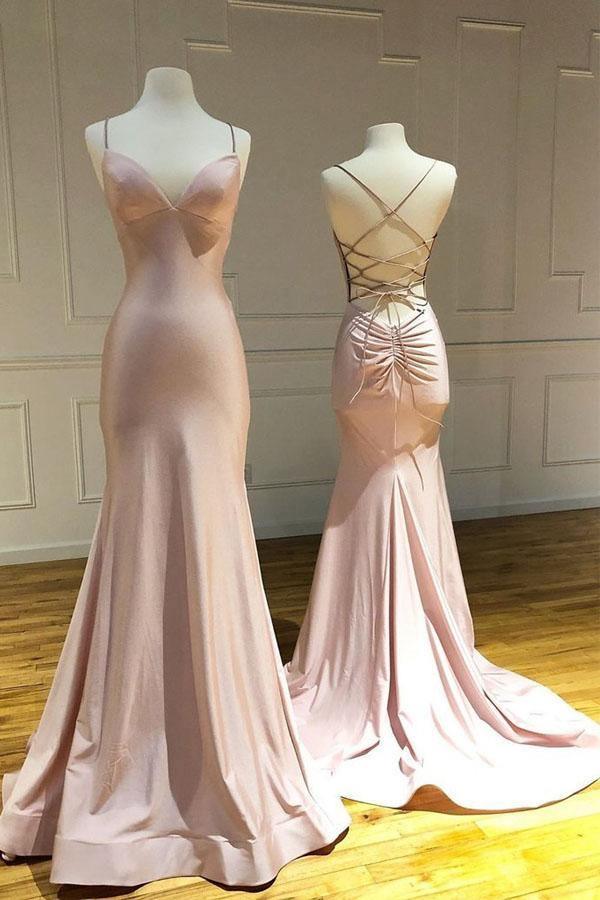 Mermaid Prom Dress Pink Satin Criss Cross Long Evening Gowns Mermaid Prom Dress Pink Satin Criss Cross Long Evening Gowns