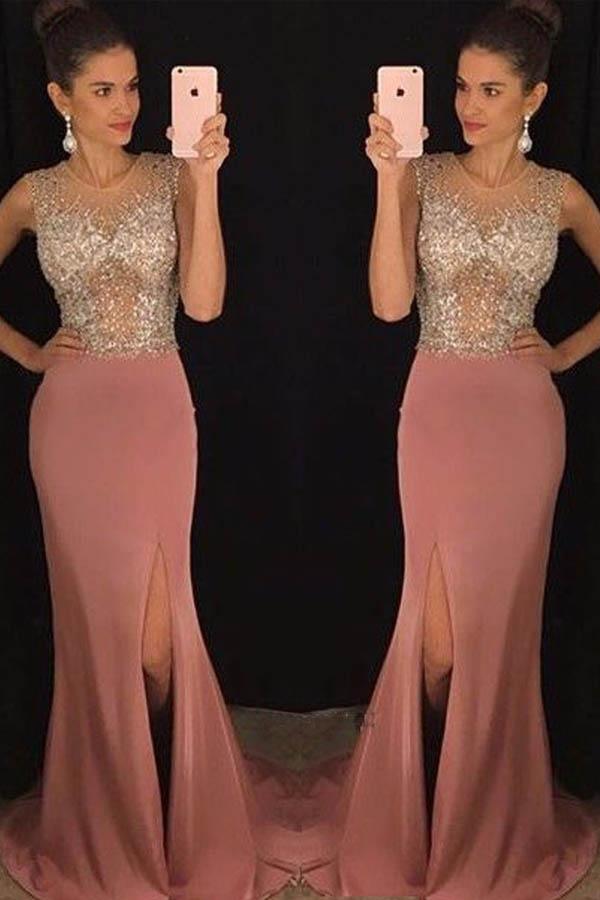 Mermaid Round Neck Blush Split Long Prom Dresses with Beading PG767 - Pgmdress