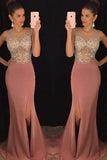 Mermaid Round Neck Blush Split Long Prom Dresses with Beading PG767 - Pgmdress