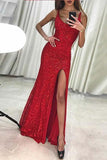 Mermaid Sheath Scoop Sleeveless Red Lace Prom Dress with Beading  PM232