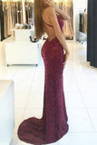 Mermaid Spaghetti Straps Backless Burgundy Lace Prom Dress with Sequins PG781 - Pgmdress