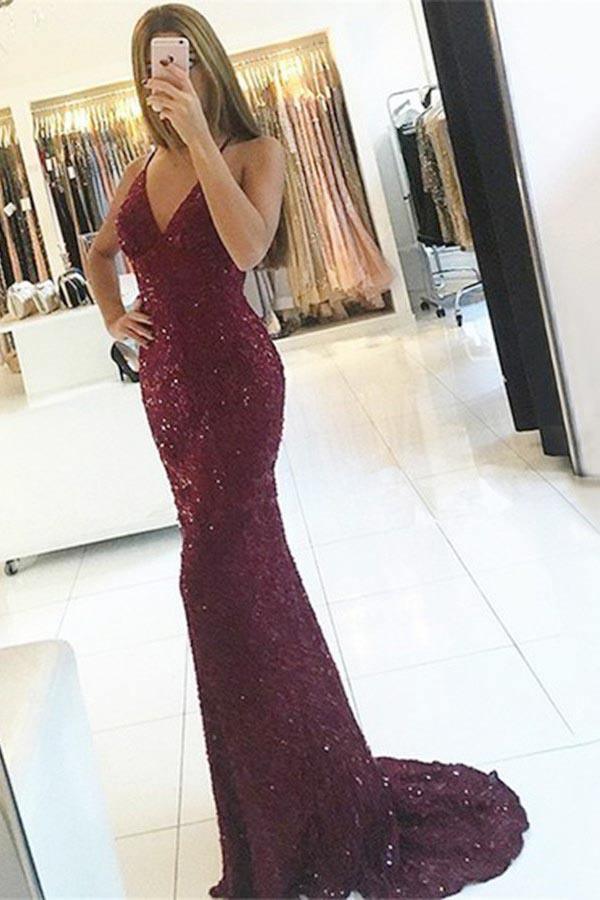 Mermaid Spaghetti Straps Backless Burgundy Lace Prom Dress with Sequins PG781 - Pgmdress