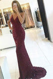 Mermaid Spaghetti Straps Backless Burgundy Lace Prom Dress with Sequins PG781