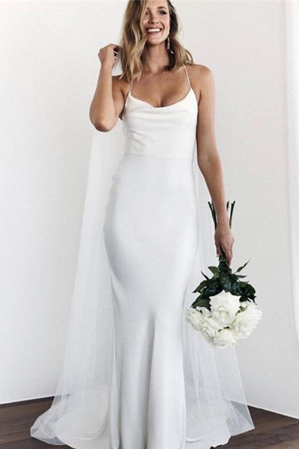 Mermaid Spaghetti Straps Backless Court Train White Wedding Dress WD450 - Pgmdress