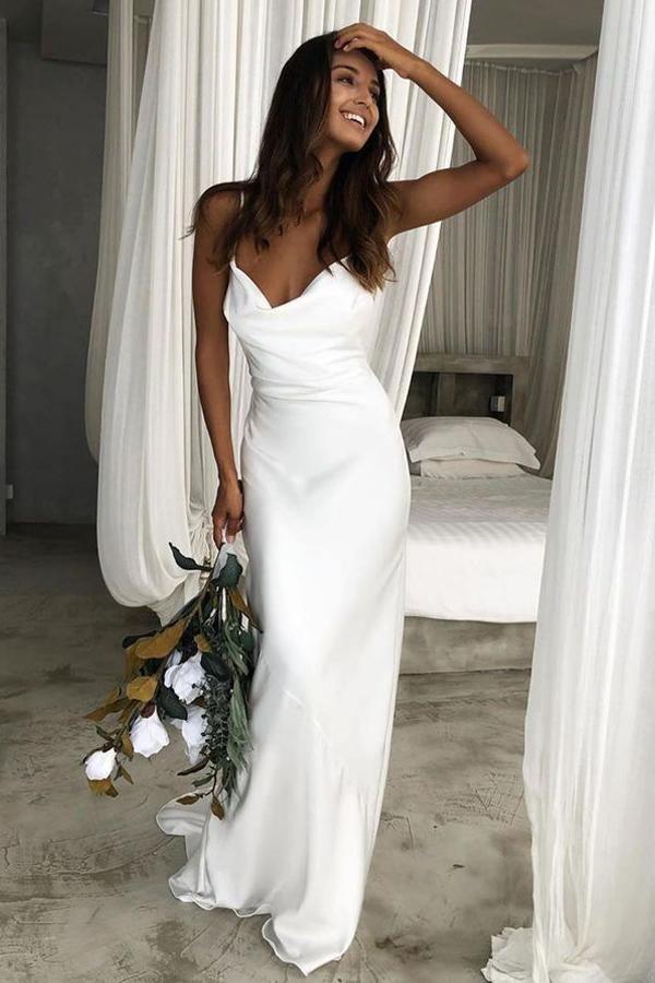 Mermaid Spaghetti Straps Backless Court Train White Wedding Dress WD450 - Pgmdress