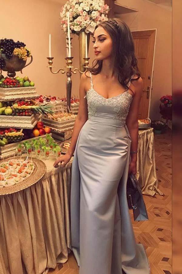 Mermaid Spaghetti Straps Blue Satin Prom/Formal Dress with Appliques PG788 - Pgmdress