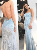 Mermaid Spaghetti Straps Criss Cross Light Blue Lace Long Prom Dresses PG721 - Pgmdress