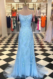 Mermaid Spaghetti Straps Criss Cross Light Blue Lace Long Prom Dresses PG721 - Pgmdress