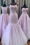 Mermaid Spaghetti Straps Floor Length Lilac Prom Dress With Appliques PSK137 - Pgmdress