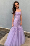 Mermaid Spaghetti Straps Floor Length Lilac Prom Dress With Appliques PSK137 - Pgmdress