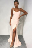 Mermaid Spaghetti Straps Floor-Length Pearl Pink Prom Dress with Split PSK077 - Pgmdress
