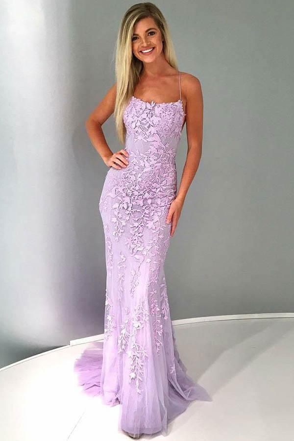 Mermaid Spaghetti Straps Lilac Tulle Prom Evening Dress with Appliques PG683 - Pgmdress