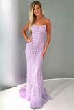 Mermaid Spaghetti Straps Lilac Tulle Prom Evening Dress with Appliques  PG683