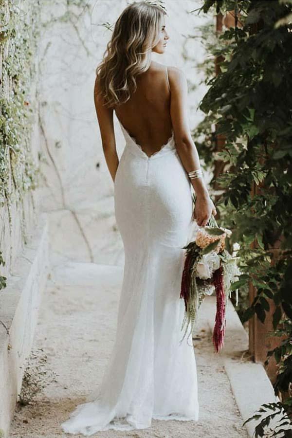 Mermaid Spaghetti Straps Low Cut Backless Lace Wedding Dress