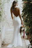 Mermaid Spaghetti Straps Low Cut Backless Lace Wedding Dress WD310 - Pgmdress