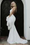 Mermaid Spaghetti Straps Low Cut Backless Lace Wedding Dress  WD310