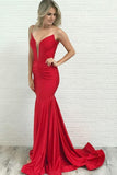 Mermaid Spaghetti Straps Low Cut Red Satin Prom Party Dress with Split PG761 - Pgmdress