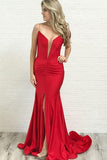 Mermaid Spaghetti Straps Low Cut Red Satin Prom Party Dress with Split PG761