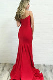 Mermaid Spaghetti Straps Low Cut Red Satin Prom Party Dress with Split PG761 - Pgmdress