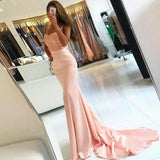 Mermaid Spaghetti Straps Sweep Train Pink Stretch Satin Prom Dress PG725 - Pgmdress