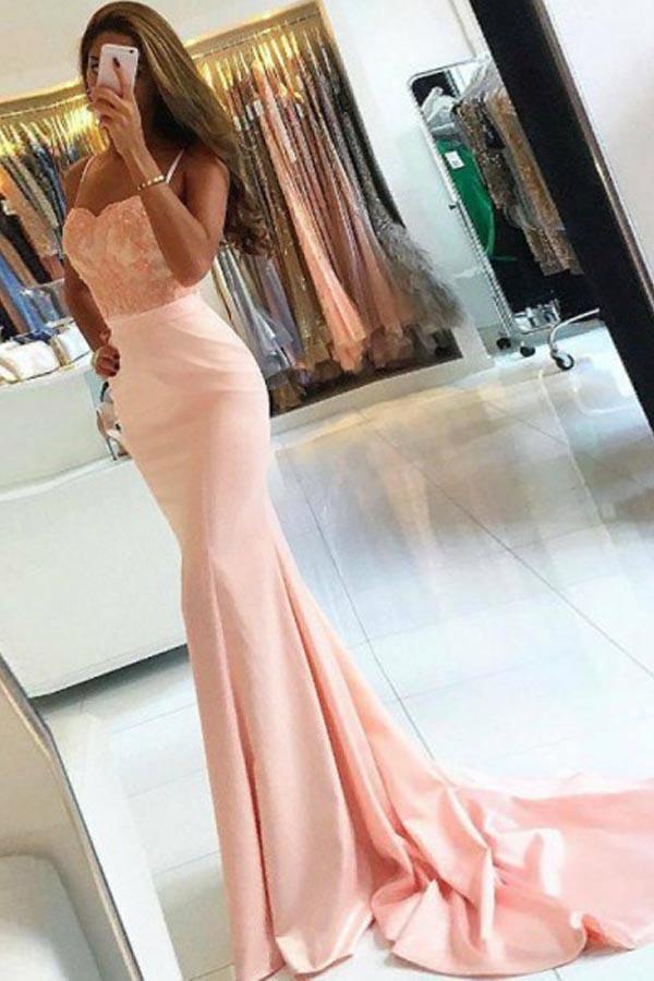 Mermaid Spaghetti Straps Sweep Train Pink Stretch Satin Prom Dress PG725 - Pgmdress