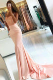 Mermaid Spaghetti Straps Sweep Train Pink Stretch Satin Prom Dress PG725