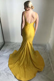 Mermaid Spaghetti Straps Sweep Train Ruched Yellow Satin Prom Dress PG636 - Pgmdress