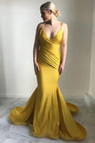 Mermaid Spaghetti Straps Sweep Train Ruched Yellow Satin Prom Dress PG636
