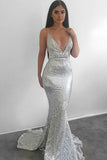 Mermaid Spaghetti Straps Sweep Train Silver Sequined Prom Dress  PG589