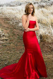 Mermaid Strapless Sweep Train Red Satin Sleeveless Split Pleats Prom Dress  PG951