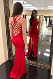 Mermaid Sweep Train Split Criss-Cross Straps Red Satin Prom Dress PG563 - Pgmdress