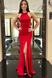 Mermaid Sweep Train Split Criss-Cross Straps Red Satin Prom Dress  PG563