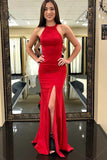 Mermaid Sweep Train Split Criss-Cross Straps Red Satin Prom Dress PG563 - Pgmdress