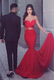Ball-/Abendkleid aus rotem Satin im Meerjungfrau-Stil mit Herz-Ausschnitt und Schleppe PG566 