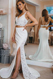 Mermaid Two Pieces V neck Long Prom Dresses Slit Evening Dresses PSK052 - Pgmdress