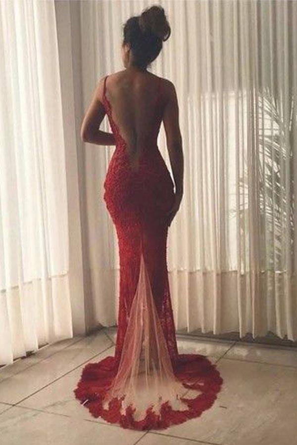 Mermaid V Neck Backless Burgundy Lace Long Prom Dresses with Beading –  Pgmdress