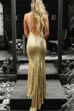 Mermaid V-Neck Backless Gold Sequined Prom Dress with Appliques PG615 - Pgmdress