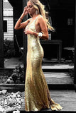 Rückenfreies, goldenes Pailletten-Abschlussballkleid im Meerjungfrau-Stil mit V-Ausschnitt und Applikationen PG615 