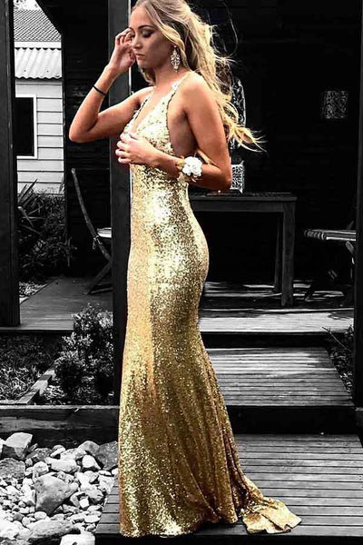 Mermaid V-Neck Backless Gold Sequined Prom Dress with Appliques US14 / Custom Color Mermaid V-Neck Backless Gold Sequined Prom Dress with Appliques US14 / Custom Color