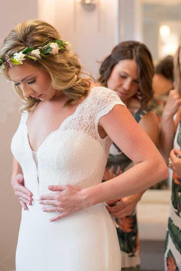 Mermaid V-Neck Court Train Low Cut Satin Wedding Dress with Lace WD279 - Pgmdress