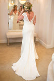 Mermaid V-Neck Court Train Low Cut Satin Wedding Dress with Lace WD279 - Pgmdress