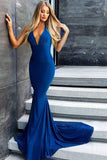 Mermaid V-Neck Long Royal Blue Satin Prom Dress Party Dress PG644