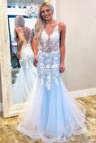 Mermaid V Neck Sky Blue Prom Dress with Lace Appliques PSK084