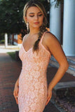 Mermaid V-neck Sleeveless Pink Lace Backless Prom Dress Beading PG749 - Pgmdress